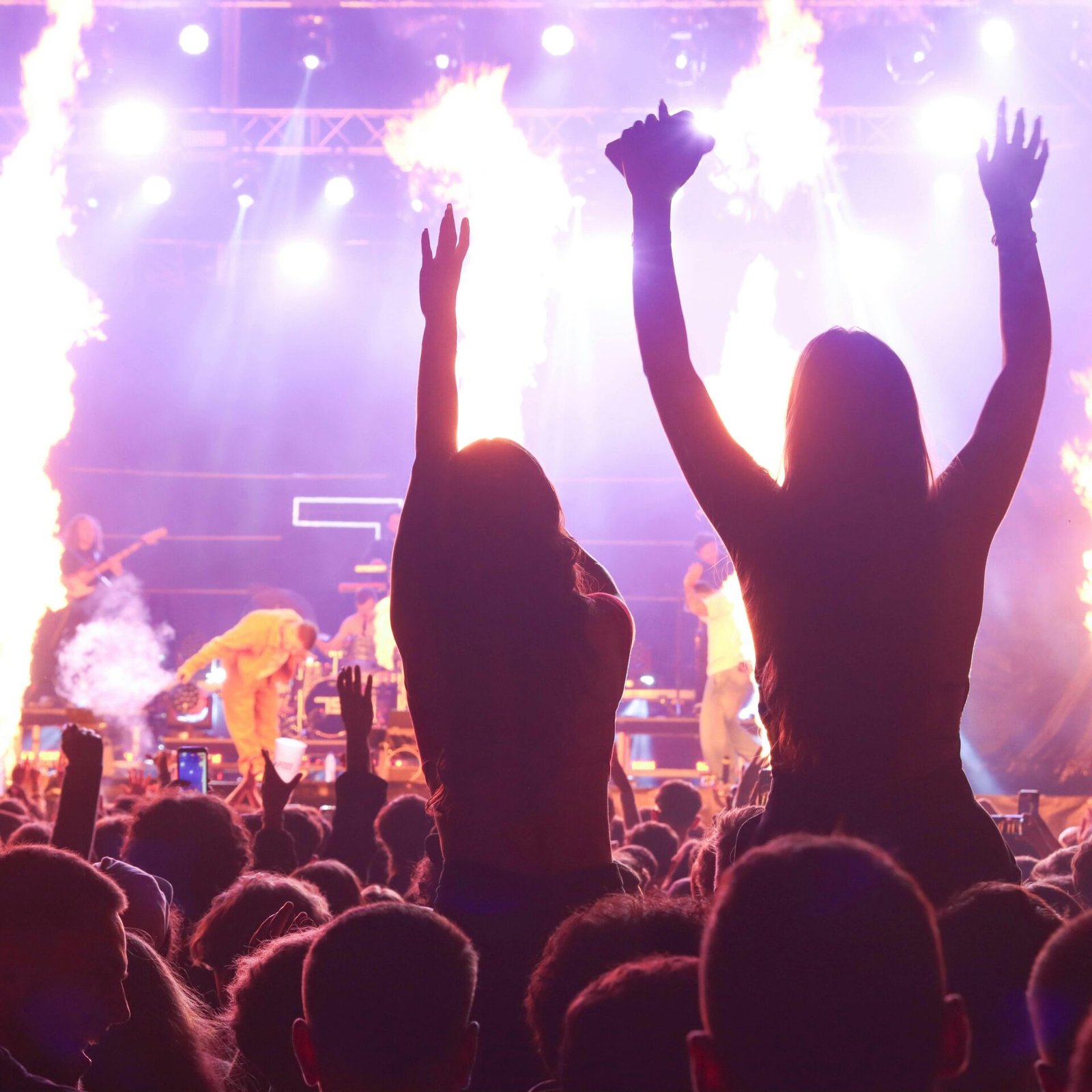 Lively concert crowd against a dazzling stage with fire effects, capturing the energy of live music.